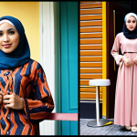 **Modest Fashion Inspiration:** Muslimah fashion blogger wearing a stylish casual outfit with a hijab, set against a backdrop of a trendy cafe in Kuala Lumpur. Focus on the combination of colours and textures, showcasing a modern and fashionable look while adhering to Islamic dress code.