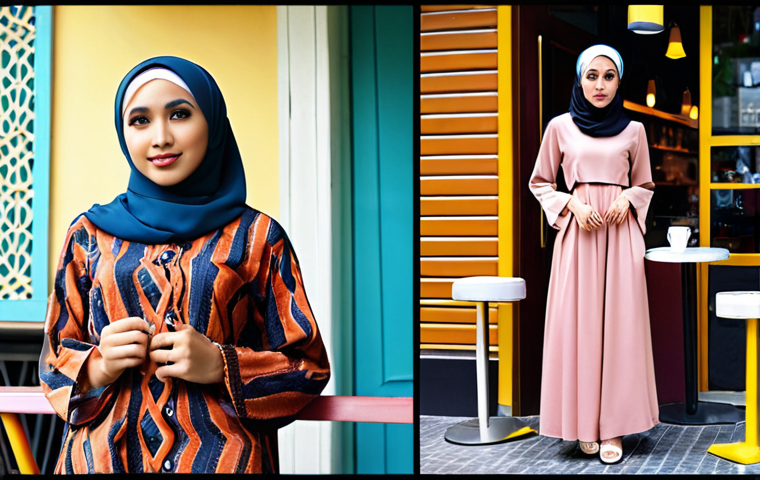 **Modest Fashion Inspiration:** Muslimah fashion blogger wearing a stylish casual outfit with a hijab, set against a backdrop of a trendy cafe in Kuala Lumpur. Focus on the combination of colours and textures, showcasing a modern and fashionable look while adhering to Islamic dress code.