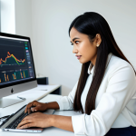 A focused Malay professional content creator, female, wearing a modest, modern business casual outfit. She is seated at a sleek, minimalist desk in a brightly lit, contemporary home office. On the desk, a laptop displays a professional financial dashboard with clear charts and graphs, while a second monitor shows an AI-powered content editing interface, suggesting efficient workflow and smart financial management. She looks thoughtfully at the screen, with a natural pose. The scene is well-lit, sharp focus, high-resolution, and professional. fully clothed, modest clothing, appropriate attire, professional dress, safe for work, appropriate content, perfect anatomy, correct proportions, natural pose, well-formed hands, proper finger count, natural body proportions, professional.