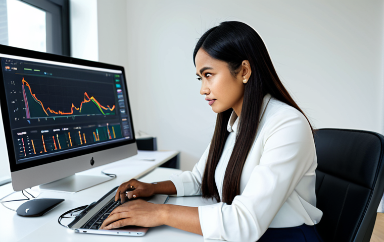 A focused Malay professional content creator, female, wearing a modest, modern business casual outfit. She is seated at a sleek, minimalist desk in a brightly lit, contemporary home office. On the desk, a laptop displays a professional financial dashboard with clear charts and graphs, while a second monitor shows an AI-powered content editing interface, suggesting efficient workflow and smart financial management. She looks thoughtfully at the screen, with a natural pose. The scene is well-lit, sharp focus, high-resolution, and professional. fully clothed, modest clothing, appropriate attire, professional dress, safe for work, appropriate content, perfect anatomy, correct proportions, natural pose, well-formed hands, proper finger count, natural body proportions, professional.