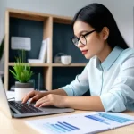 편집 효율성을 위한 데이터를 활용한 의사결정 - A young, diverse Malaysian content creator, dressed in smart casual attire, sits at a clean, modern ...