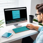 편집 과정의 복잡성을 줄이는 방법 - A focused and relaxed young adult, comfortably using a laptop in a bright, modern home office. The l...